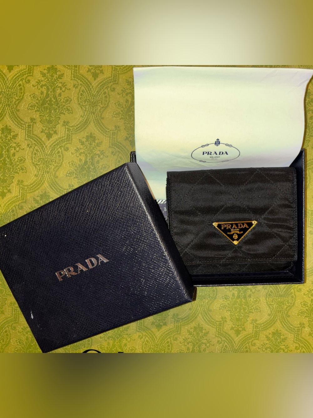 Prada Black Quilted Nylon Card Holder with Gold Triangle Logo